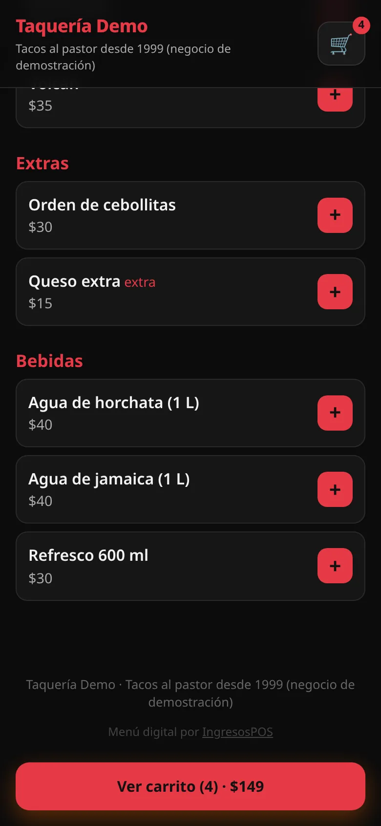 Menú digital con productos agregados y botón Ver carrito