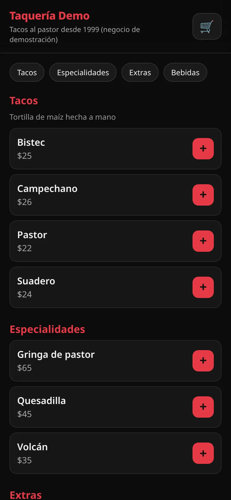 Menú digital en el celular con categorías Tacos, Especialidades, Extras y Bebidas