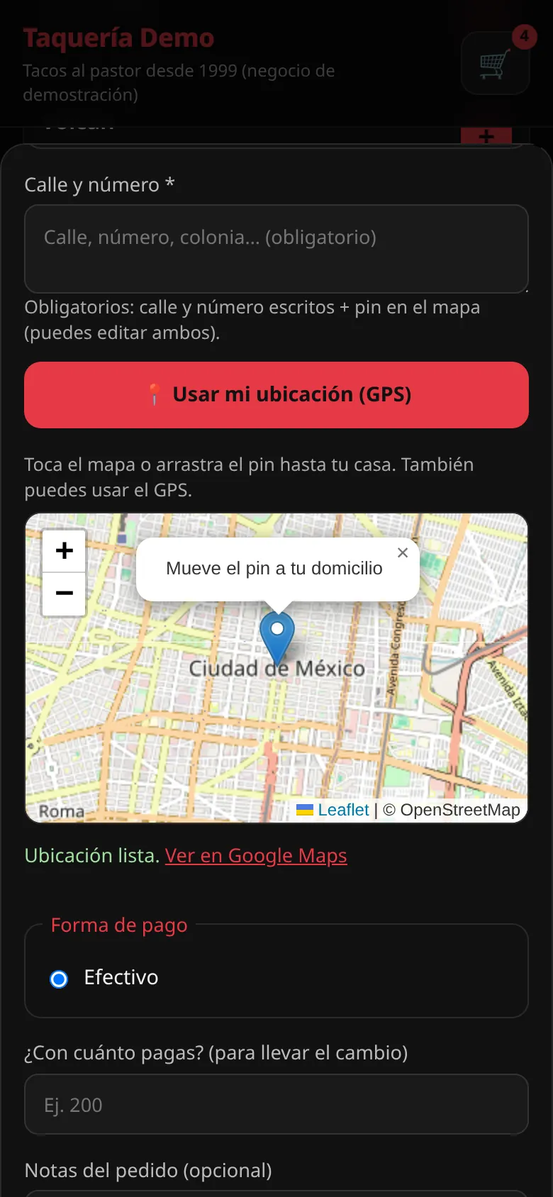Checkout de pedido a domicilio con dirección, botón de GPS y mapa para marcar la ubicación