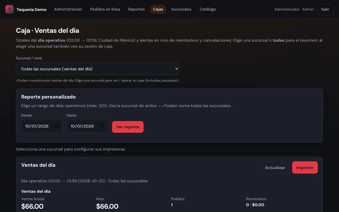 Pantalla de caja con ventas del día por sucursal y reporte personalizado